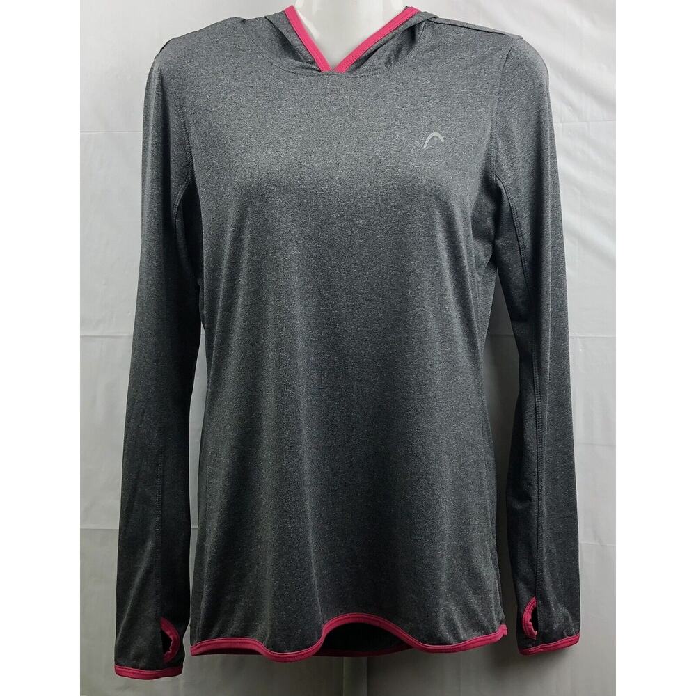 Head Hooded Top Women Small Grey Pink Trim Logo Long Sleeves Thumb Holes Stretch